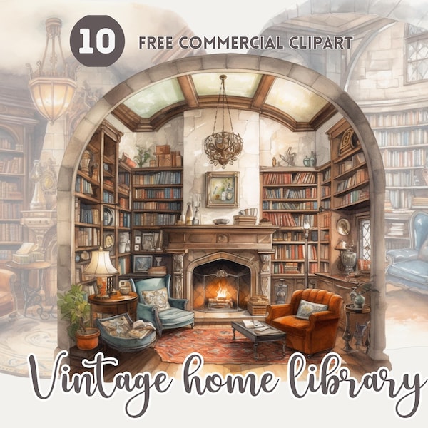 Rustic home library watercolor clipart bundle, Mansion reading nook free commercial PNG, Cozy Armchair by fireplace illustration