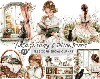 Vintage lady and cat watercolor clipart, classic woman reading with cat free commercial PNG, Cute cat by window, cute girl and cat in garden