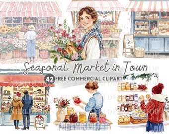May include: Watercolor illustration of a seasonal market in town. The image features market stalls with flowers, fruits, baked goods, and preserves. People are shown shopping and browsing the various products. The text "Seasonal Market in Town" is displayed.