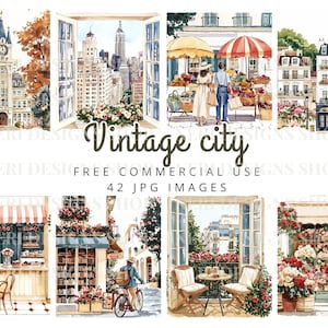 Vintage stadsbeeld aquarel clipart, stadsraam, retro straatwinkel gratis commerciële JPG, stadshuis, stadsreisplanner sticker