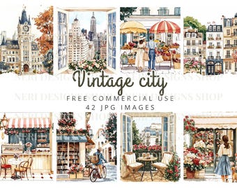 Vintage city scene watercolor clipart, City window, retro street shop free commercial JPG, City Townhouse, City Travel Planner Sticker