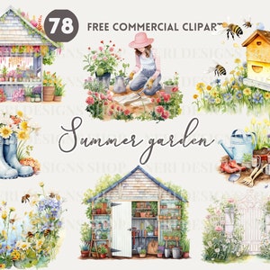 Zomertuin aquarel clipart, cottagecore gratis commercieel gebruik PNG, tuinieren, gereedschapsschuur, bloem, fruit, veggie, bij, vlinder afbeelding