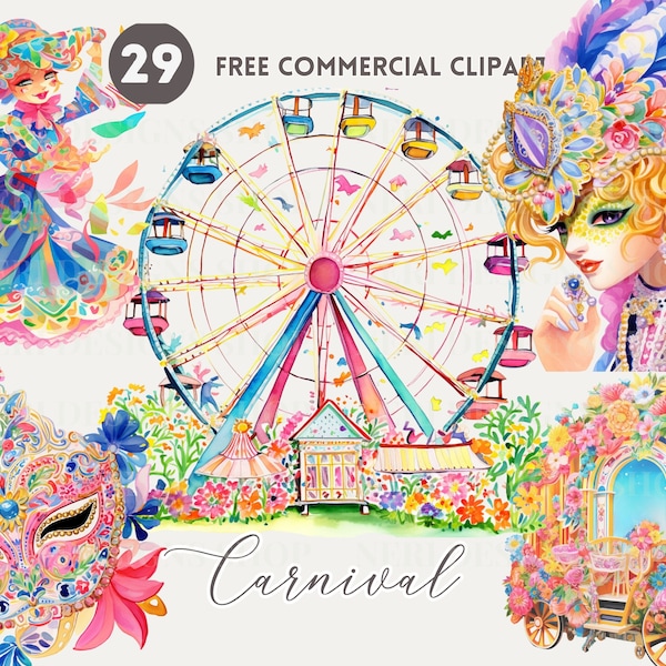 Festive masquerade Carnival watercolor clipart bundle, parade free commercial PNG, Festive masks illustration, carnival costumes, ferrywheel