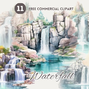 Waterval aquarel clipart bundel, Cascade gratis commerciële png, stromend water kunst set, natuurlijke landschap illustratie, water landschap kunst