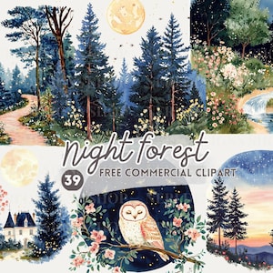 May include: A digital illustration set of 39 watercolor clipart images featuring a night forest theme. The set includes images of trees, owls, stars, moons, and flowers. The images are perfect for creating invitations, cards, and other crafts.