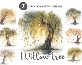 Glowing willow tree Watercolor Clipart Bundle Free Commercial Radiant tree printable Illustration Instant Download Luminous willow tree