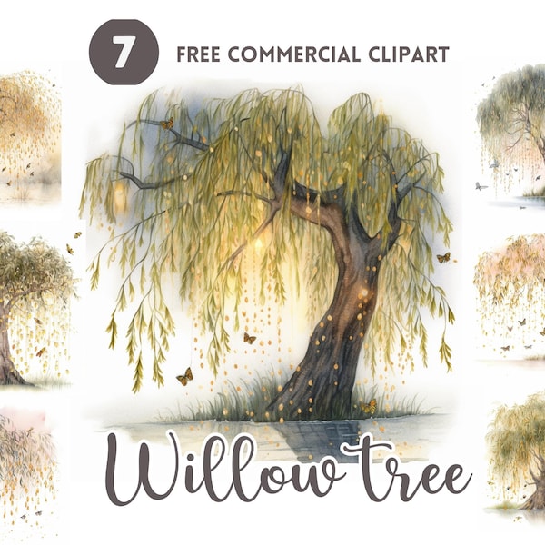 Glowing willow tree Watercolor Clipart Bundle Free Commercial Radiant tree printable Illustration Instant Download Luminous willow tree