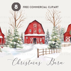 Christmas barn watercolor clipart bundle, winter barnscape free commercial png set, christmas farm illustration, festive countryside graphic