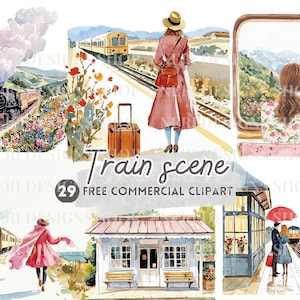 Imágenes prediseñadas de acuarela de escena de tren, PNG comercial gratuito de viajes vintage, calcomanía de estación de tren para diario, andén de tren, arte de viaje en tren