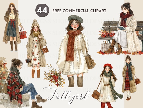 Urban Fall Fashion Watercolor Clipart Bundle, Chic Autumn Woman