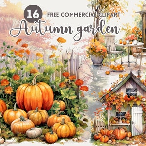 Autumn garden watercolor clipart bundle, Pumpkin Patch free commercial PNG, Fall season's garden seating, garden shed, gae