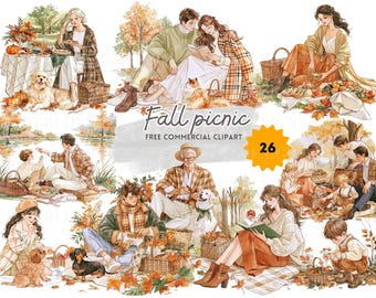 Fall Picnic Family Clipart,  Autumn Watercolor Illustrations with Kids, Couples, Pets and Grandparents, Transparent Background