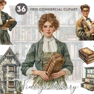 Vintage reading watercolor clipart Classic library Free commercial PNG Librarian, Book lover bookcase old world globe catalog cabinet art zdjęcie 1