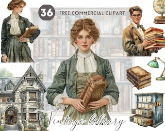 Vintage reading watercolor clipart Classic library Free commercial PNG Librarian, Book lover bookcase old world globe catalog cabinet art