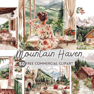 Clipart de aquarela de vida na montanha, PNG comercial grátis de Mountain View, adesivo de varanda de montanha para diário, casa na montanha, arte de cena alpina