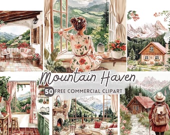 Imágenes prediseñadas de acuarela de vida en la montaña, PNG comercial gratuito con vista a la montaña, calcomanía de porche de montaña para diario, casa de montaña, arte de escena alpina