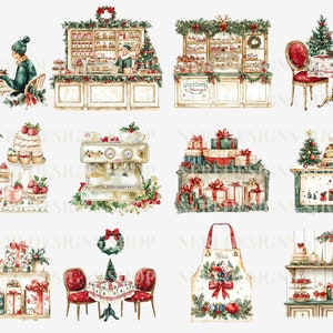 K&ouml;nnte beinhalten: Eine digitale Collage aus zehn weihnachtlichen Illustrationen. Die Illustrationen zeigen verschiedene Weihnachtsszenen, darunter ein Paar, das eine Tasse Kaffee genie&szlig;t, eine B&auml;ckerei mit Geb&auml;ck und Kuchen, eine Kaffeemaschine, ein Geschenkeladen mit Geschenken, einen Weihnachtsbaum und eine Tischdekoration mit einer roten Tischdecke.