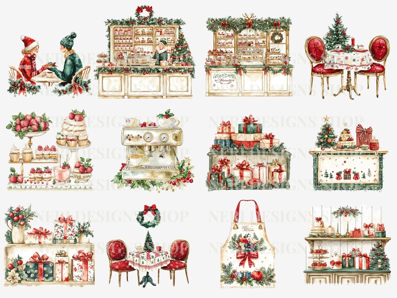 K&ouml;nnte beinhalten: Eine digitale Collage aus zehn weihnachtlichen Illustrationen. Die Illustrationen zeigen verschiedene Weihnachtsszenen, darunter ein Paar, das eine Tasse Kaffee genie&szlig;t, eine B&auml;ckerei mit Geb&auml;ck und Kuchen, eine Kaffeemaschine, ein Geschenkeladen mit Geschenken, einen Weihnachtsbaum und eine Tischdekoration mit einer roten Tischdecke.