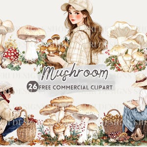 Paddenstoelen verzamelen aquarel clipart, paddenstoelenmand gratis commerciële png, grillige bospaddenstoel, Cottagecore herfstpaddenstoelafbeelding