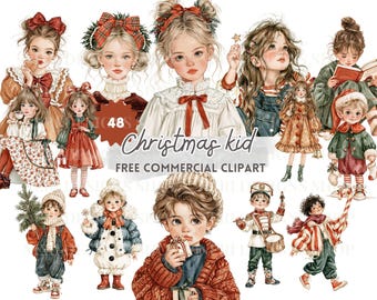 Christmas Children Clipart, Watercolor Modern Holiday Kids for Christmas Invitations and Scrapbook Pages