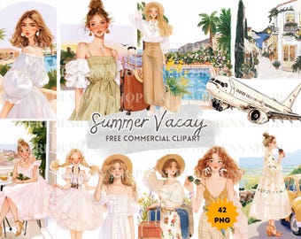 Summer Vacay Watercolor Clipart: Girl with Luggage, Beach and Resort Life, Airplane Travel Illustration
