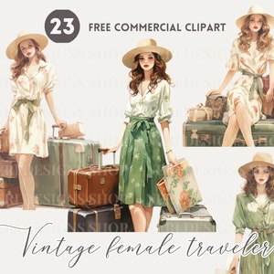 Retro vrouw en bagage aquarel clipart bundel Vintage koffer Gratis commerciële set, vrouwelijke reiziger en illustratie met reisthema