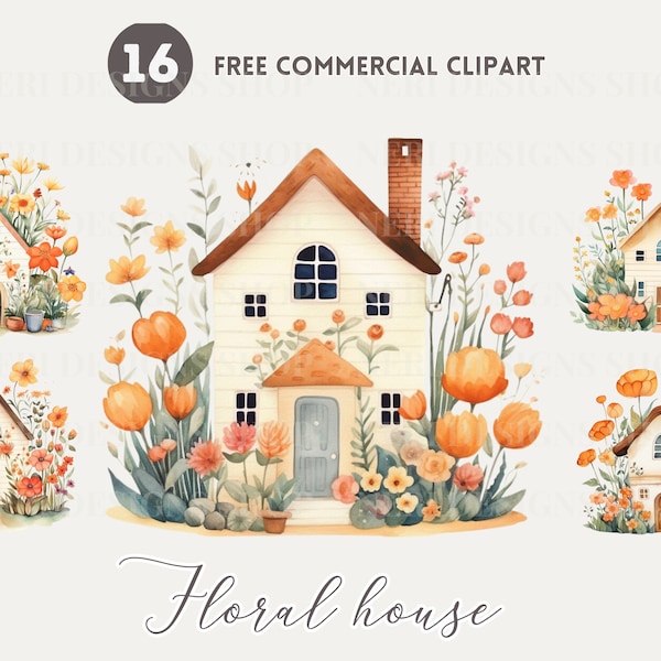 Floral house watercolor clipart bundle Botanical cartoon house Free commercial set Whimsical home illustration for children, playful home