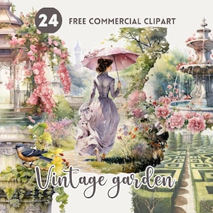 May include: A watercolor illustration of a vintage garden scene with a gazebo, fountain, woman with an umbrella, and a hedge maze. The illustration is in shades of pink, green, and blue.