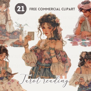 Clipart aquarelle de lecture de tarot, lecture de cartes Boho mystique PNG commercial gratuit, scène spirituelle enchantée, diseur de bonne aventure, fille de tarot