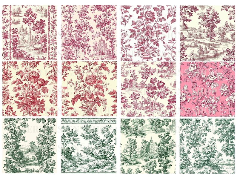 Toile De Jouy Watercolor Seamless Pattern Clipart Bundle, Floral Toile ...