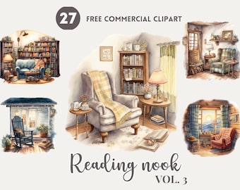 May include: A set of 27 free commercial clipart images featuring cozy reading nooks. The images depict various scenes with armchairs, bookshelves, lamps, and windows. The illustrations are in a watercolor style with warm colors and a rustic feel.