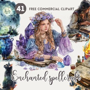 May include: A digital illustration of a collection of magical items, including a witch, a cauldron, a black cat, crystals, potions, and an open book. The illustration is in a watercolor style and features a purple, blue, and green color scheme. The text "Enchanted spellcraft" is written in a decorative font at the bottom of the image.