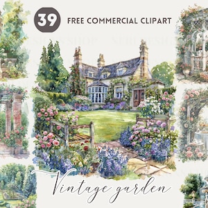 Pacote de clipart em aquarela de jardim vintage Garden Oasis conjunto comercial gratuito png fonte, arco floral, ilustração de jardim de mansão rústica