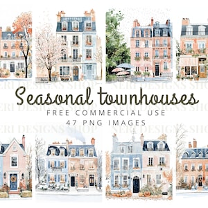 May include: A set of 47 watercolor illustrations of townhouses in various seasonal settings. The townhouses are painted in shades of blue, pink, and white, with details like wreaths, pumpkins, and snow. The illustrations are perfect for adding a touch of charm to your digital designs.