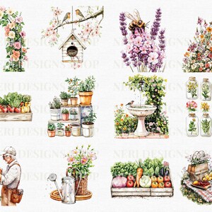Puede incluir: Un conjunto de diez ilustraciones de acuarela que representan diferentes escenas de jard&iacute;n. Las ilustraciones incluyen un arco de jard&iacute;n con flores rosas, una casita de p&aacute;jaros con p&aacute;jaros, una abeja en flores de lavanda, un gnomo en un jard&iacute;n de flores, una colecci&oacute;n de plantas en macetas, un ba&ntilde;o de p&aacute;jaros con un p&aacute;jaro, una colecci&oacute;n de flores en frascos de vidrio, un jardinero cuidando un rosal, una regadera y una cesta de flores, y una cesta de verduras frescas.