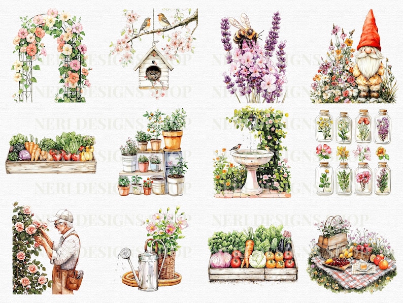 Puede incluir: Un conjunto de diez ilustraciones de acuarela que representan diferentes escenas de jard&iacute;n. Las ilustraciones incluyen un arco de jard&iacute;n con flores rosas, una casita de p&aacute;jaros con p&aacute;jaros, una abeja en flores de lavanda, un gnomo en un jard&iacute;n de flores, una colecci&oacute;n de plantas en macetas, un ba&ntilde;o de p&aacute;jaros con un p&aacute;jaro, una colecci&oacute;n de flores en frascos de vidrio, un jardinero cuidando un rosal, una regadera y una cesta de flores, y una cesta de verduras frescas.