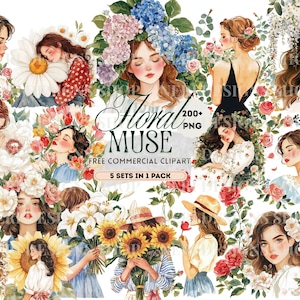 Paquete Mega de Acuarelas de Mujeres Florales y Niñas con Flores, Ilustración de Moda Femenina Botánica, Arte de Retrato Femenino