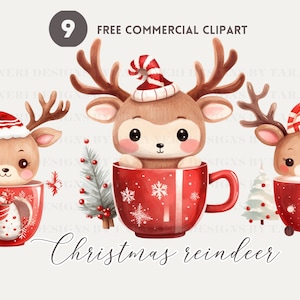 Christmas reindeer watercolor clipart bundle, cute deer in mug free commercial png set, christmas illustration, festive cup printable