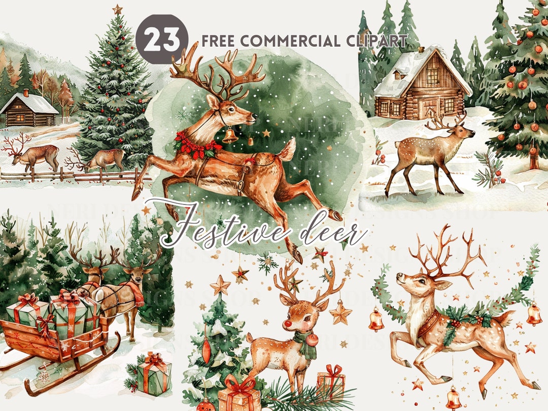 Christmas Deer Watercolor Clipart Bundle Festive Reindeer and Sleigh in ...
