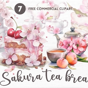 Cherry blossom tea break watercolor clipart bundle Free commercial  watercolor clipart set Aesthetic sakura watercolor illustration