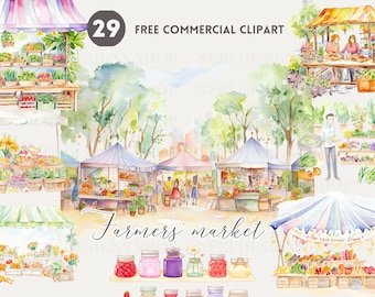 Farmers' market watercolor clipart, market stall free commercial PNG, fruit stall graphic, vegetable stall illustration, market scene art