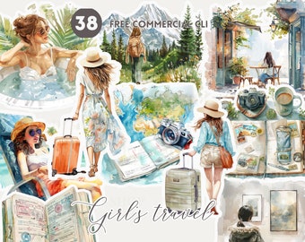 Girl's travel watercolor clipart, beach vacation free commercial PNG, hiking Illustration, girl at spa, suitcase, camera, passport, backview