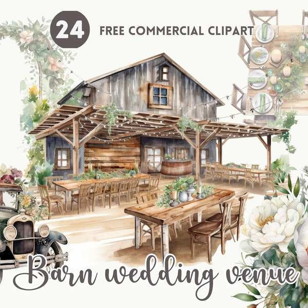 Rustic Barn Wedding Venue Watercolor Clipart Bundle, Free Commercial Green Wedding scene PNG, Bridal car Illustration, Wedding table setting