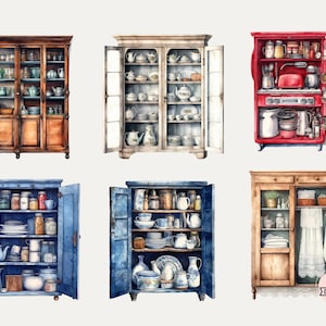 Vintage Cupboard Watercolor Clipart Bundle Retro Cabinet Free ...