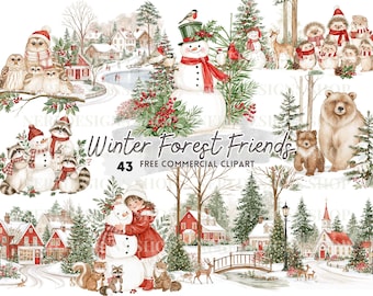 Snowman and Winter Woodland Animals Clipart, Watercolor Forest Friends, Cozy Village with Deer, Rabbit Illustration