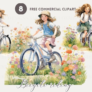 Meisje fiets aquarel clipart bundel, fietstocht gratis commerciële PNG, Floral bush ride illustratie, meisje en fiets afbeelding