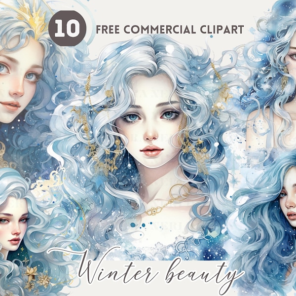 Winter goddess Watercolor PNG Clipart Bundle, Winter Beauty Free Commercial, Ethereal Snow Queen Illustration, Seasonal Fantasy Graphic