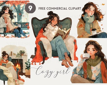 Cozy girl reading Watercolor Clipart, Woman in armchair Free Commercial PNG, Girl and cozy coffee, woman in cozy clothes, seasonal female