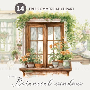 以下が含まれることがあります： 木製の枠とレンガの窓台のある窓の水彩画です。窓は、オレンジの花、緑の植物、吊り下げられた植物など、鉢植えの植物と花で飾られています。窓は白い壁と緑のつるを背景に配置されています。