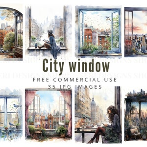 Stadt Ansicht Fenster Aquarell Clipart Bundle, Städtische Fenster Szene frei kommerziell, Stadtansicht Illustration, Metropolitan Fenster Grafik
